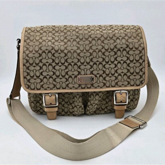 Coach Vintage F70283 Signature Jacquard Tan Messenger Bag Monogram 12 X 9 Brown - Picture 1 of 16